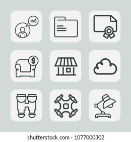 Premium set of outline icons. Such as helicopter, person, modern, success, furniture, table, work, sofa, office, view, award, laptop, folder, freelance, control, open, couch, diploma, object, file
