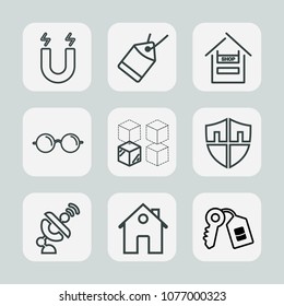 Premium set of outline icons. Such as magnet, attraction, glasses, real, customer, home, cardboard, relocation, element, estate, eye, tag, science, supermarket, paper, satellite, education, key, door