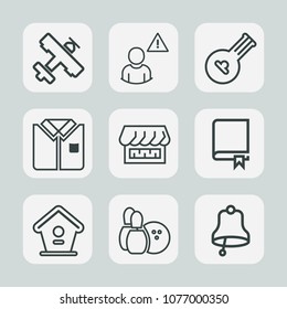 Premium set of outline icons. Such as folk, ball, library, game, education, shirt, bird, string, wooden, tshirt, transportation, plane, shop, travel, airplane, network, house, profile, flight, bowling