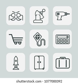 Premium set of outline icons. Such as drill, technology, sky, kite, equipment, airport, hand, cart, summer, orbit, cupboard, carnival, space, craft, cabinet, fun, button, machine, trolley, earth, joy