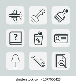 Premium set of outline icons. Such as tool, summer, aircraft, electricity, paint, interior, key, document, plane, brush, metal, white, travel, rod, vintage, fly, pen, light, paper, door, lamp, air, id
