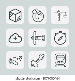 Premium set of outline icons. Such as train, military, travel, 3d, lock, package, door, saw, position, object, cloud, cardboard, old, airplane, add, vintage, scale, aircraft, box, east, product, north