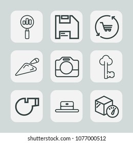 Premium set of outline icons. Such as market, weight, magnifying, referee, film, diskette, equipment, look, key, magnifier, handle, internet, disk, sport, whistle, floppy, package, find, business, hat