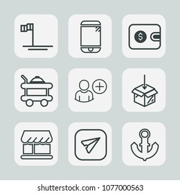 Premium set of outline icons. Such as ocean, screen, purse, mobile, wallet, anchor, curtain, wireless, bed, package, room, baja, boat, cell, upload, white, communication, cash, food, mexico, email