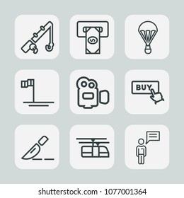 Premium set of outline icons. Such as doctor, machine, communication, bank, extreme, business, sky, jump, parachute, fishing, film, transportation, mexico, money, parachuting, chat, fish, surgery, buy