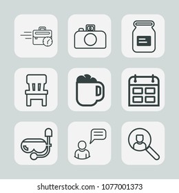 Premium set of outline icons. Such as internet, online, schedule, office, metal, calendar, home, snorkel, interior, tin, time, person, comfortable, night, desk, chat, container, room, sign, work, late