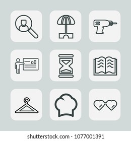 Premium set of outline icons. Such as time, vacation, glasses, food, machine, parasol, computer, chief, literature, sand, sun, timer, page, uniform, online, people, hanger, website, drill, cook, clock