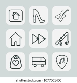 Premium set of outline icons. Such as house, forward, object, style, music, heel, fashion, estate, speed, play, property, fishing, woman, new, construction, fish, window, transportation, girl, sport