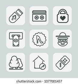 Premium set of outline icons. Such as cartoon, house, forest, background, record, real, increase, play, character, property, machine, atm, stereo, landscape, bag, leather, domino, frame, tape, home