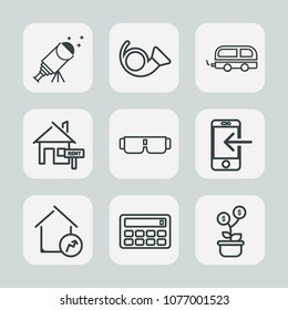 Premium set of outline icons. Such as transport, space, internet, star, sunglasses, phone, instrument, sound, fashion, real, sun, button, money, science, trumpet, watching, bugle, jazz, night, galaxy