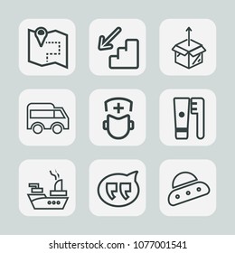 Premium set of outline icons. Such as speech, cardboard, ufo, city, up, marine, military, new, box, war, message, sea, technology, upstairs, move, down, health, white, map, unpacking, clean, hygiene