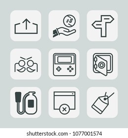 Premium set of outline icons. Such as upload, fun, festival, technology, internet, banking, label, bank, danger, celebration, emergency, party, holiday, business, investment, street, sign, cash, paper