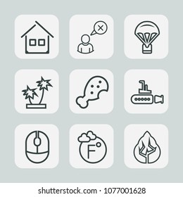 Premium set of outline icons. Such as cancel, extreme, boat, ocean, chicken, building, marine, forest, environment, architecture, connection, click, nature, parachute, property, profile, meal, sea