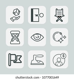 Premium set of outline icons. Such as domestic, moon, national, clothes, packaging, accounting, america, financial, cargo, armchair, sign, housework, nation, time, arrow, star, door, seat, account