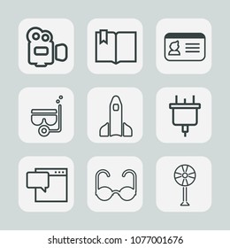 Premium set of outline icons. Such as plug, snorkel, document, film, library, lens, space, chat, open, electric, cooler, identification, message, shuttle, science, movie, sea, camera, video, summer