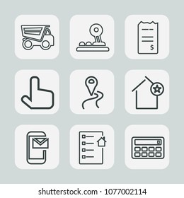 Premium set of outline icons. Such as technology, car, finance, dump, lorry, bill, mail, route, background, dumper, map, truck, web, tipper, credit, apartment, bank, calculator, email, click, computer