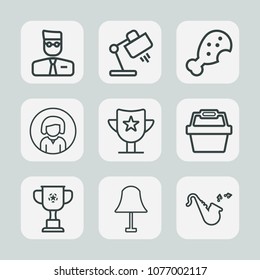 Premium set of outline icons. Such as restaurant, prize, win, lady, modern, decoration, meal, interior, snack, user, young, competition, meat, cup, basket, light, electricity, food, winner, web, girl