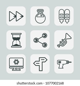 Premium set of outline icons. Such as tool, hour, drill, business, laboratory, countdown, rewind, equipment, minute, sound, technology, share, setting, clock, hand, media, music, musical, timer, lab, 