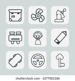 Premium set of outline icons. Such as glasses, mobile, space, vision, phone, electric, earth, travel, pencil, hot, lock, technology, sky, skateboard, pen, tool, pass, equipment, people, cooling, air