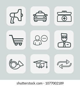 Premium set of outline icons. Such as loud, substitute, user, box, car, school, audio, university, speaker, transport, sign, account, jazz, graduation, emergency, cart, replacement, aid, shop, vehicle