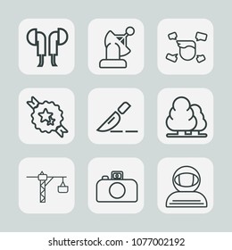 Premium set of outline icons. Such as fashion, young, orbit, earth, headset, nature, construction, environment, audio, landscape, man, tree, camera, spacesuit, music, stereo, hammer, solar, earphone