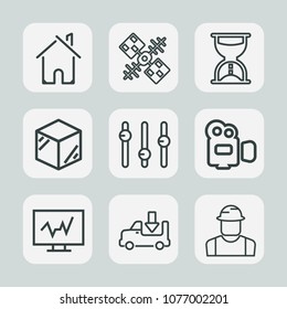 Premium set of outline icons. Such as product, shipping, time, architecture, template, building, transportation, home, truck, earth, film, science, diagnostic, timer, transport, handle, space, box