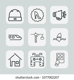 Premium set of outline icons. Such as circle, atv, frame, technology, surfing, heel, extreme, cap, beautiful, ocean, travel, construction, speaker, transportation, building, transport, internet, house