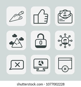 Premium set of outline icons. Such as website, white, business, find, sky, landscape, peak, search, template, nature, panorama, tool, envelope, post, hammer, equipment, construction, lock, screwdriver