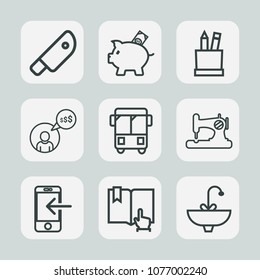 Premium set of outline icons. Such as technology, phone, kitchen, internet, money, sewing, open, transportation, work, box, finance, black, coin, bathroom, food, pencil, sink, knife, meat, road, click