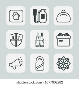 Premium set of outline icons. Such as shield, equipment, loudspeaker, box, danger, protection, holiday, new, protect, house, style, architecture, clothing, speaker, modern, wear, gift, uniform, voice