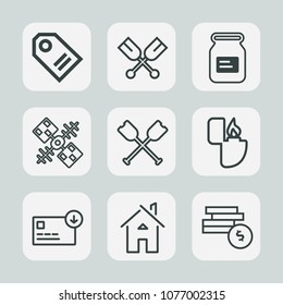 Premium set of outline icons. Such as bag, flame, paddle, fire, sale, finance, house, label, sack, object, canned, canoe, estate, container, satellite, coin, metal, lighter, technology, tag, boat, oar