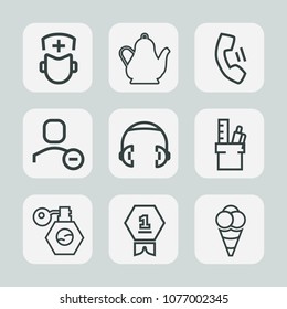 Premium set of outline icons. Such as award, business, drink, food, user, dessert, delete, audio, work, professional, home, ball, surgeon, hospital, headphone, stationery, achievement, sound, hot, tea