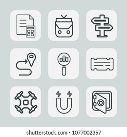 Premium set of outline icons. Such as coin, style, room, cash, field, aerial, search, security, fashion, map, finance, banking, door, hanger, entertainment, white, bag, financial, technology, dont