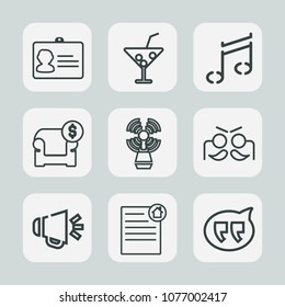 Premium set of outline icons. Such as sea, music, beacon, travel, celebration, contract, seamark, loud, note, festival, party, cold, security, identification, interior, glass, estate, speaker, summer
