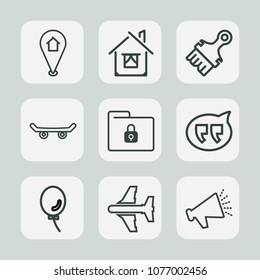 Premium set of outline icons. Such as loudspeaker, skate, bubble, extreme, brush, travel, chat, air, voice, building, plane, file, web, skater, map, pin, speech, airplane, security, holiday, location