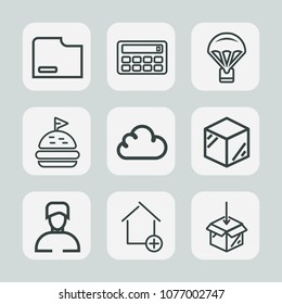 Premium set of outline icons. Such as cloud, air, upload, sign, sport, male, bread, extreme, file, business, apartment, package, meal, product, man, food, sandwich, web, paper, skydiver, box, new, fly