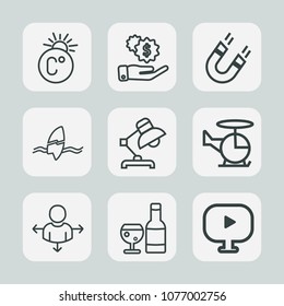 Premium set of outline icons. Such as field, scale, table, interior, business, cash, investment, money, magnetic, red, meteorology, place, direction, glass, surfer, lamp, media, science, ocean, dollar