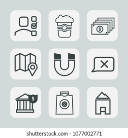 Premium set of outline icons. Such as gift, notebook, finance, pole, buy, pin, retail, location, coffee, currency, beverage, travel, home, management, espresso, sign, map, banking, caffeine, bank, hot