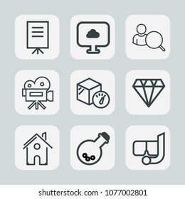 Premium set of outline icons. Such as movie, account, laboratory, house, home, camera, medicine, video, group, building, sea, architecture, technology, water, tripod, sign, meeting, mask, box, gem