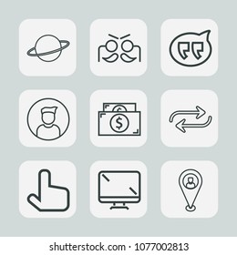 Premium set of outline icons. Such as bubble, substitute, dialog, party, money, technology, display, finance, astronomy, click, universe, space, internet, planet, profile, pin, galaxy, concept, cash