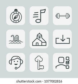 Premium set of outline icons. Such as tune, direction, fit, east, abstract, melody, south, west, plan, construction, sound, center, lock, water, gym, vintage, old, personal, fitness, blue, nautical