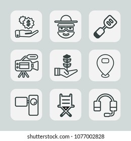 Premium set of outline icons. Such as tool, dollar, cash, chair, currency, hand, support, life, headset, money, character, finance, seedling, wealth, kitchen, utensil, lens, microphone, funny, map