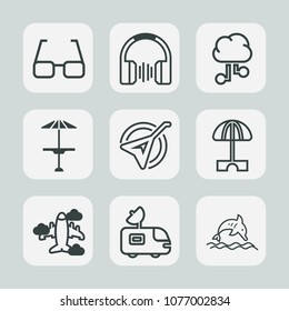 Premium set of outline icons. Such as folk, nature, lens, parasol, satellite, sun, network, wildlife, summer, music, table, internet, device, earphone, technology, optical, communication, antenna, eye