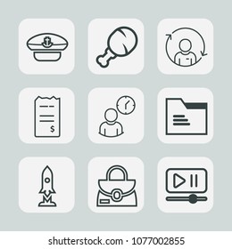 Premium set of outline icons. Such as hour, clock, financial, bag, space, craft, fast, sailor, button, hat, bill, anchor, leather, technology, snack, video, blank, chicken, sea, finance, person, file