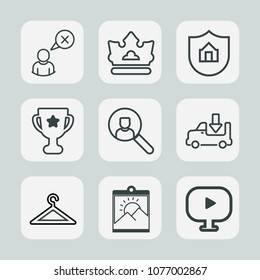 Premium set of outline icons. Such as account, network, truck, technology, shipping, frame, achievement, security, clothes, video, photo, web, computer, media, picture, royal, protect, house, fashion