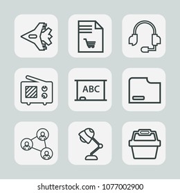 Premium set of outline icons. Such as communication, file, headset, jetliner, aviation, sky, blackboard, grocery, white, store, market, black, sign, call, list, airplane, lamp, wireless, plane, basket
