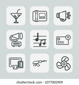 Premium set of outline icons. Such as card, alcohol, retro, vintage, gun, record, cool, communication, drink, tropical, note, credit, musical, shopping, gramophone, glass, ice, sound, office, fan, air