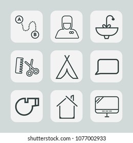 Premium set of outline icons. Such as location, position, pc, fashion, faucet, professional, hospitality, navigation, estate, building, internet, hotel, luggage, adventure, house, hair, water, home