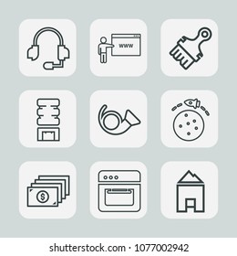 Premium set of outline icons. Such as cash, call, picnic, audio, sign, ice, house, go, communication, kitchen, support, rocket, sound, refrigerator, technology, planet, cold, , cooking, internet, cool