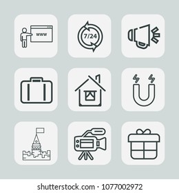 Premium set of outline icons. Such as home, decoration, house, tower, operator, tripod, sound, bag, arrow, building, lens, phone, video, airport, travel, speaker, loudspeaker, pole, science, luggage